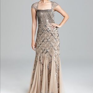 ADRIANNA PAPELL NUDE CAP SLEEVE BEADED DRESS